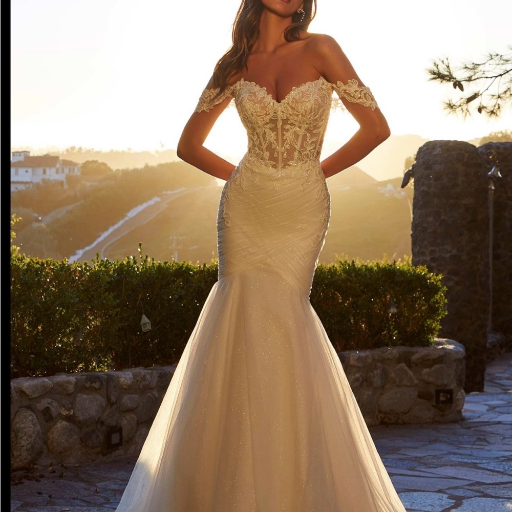 Mori Lee Off-Shoulder Lace Wedding Dress in Cream